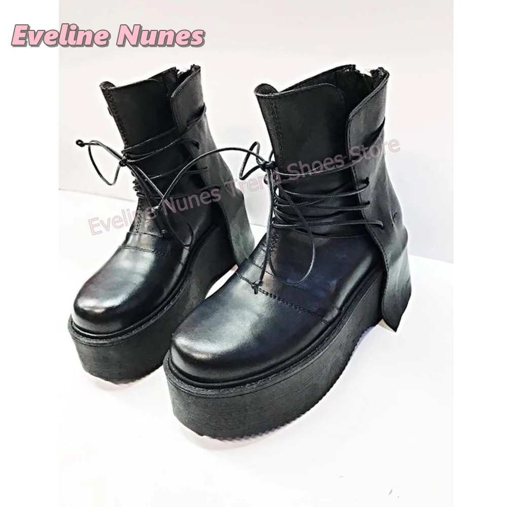 Black Punk Goth Platform Ankle Boots Wrap Lace Up Strap Wedge Thick Sole Casual Fashion Footwear Street Style 2026 Autumn Trend