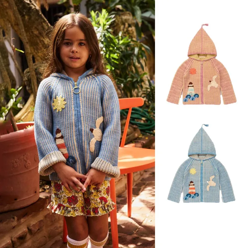 Ocean Style 3D Cartoon Hooded Knit Cardigan For Boys & Girls, Fashion Versatile Kids Sweater Outerwear Daily Clothes