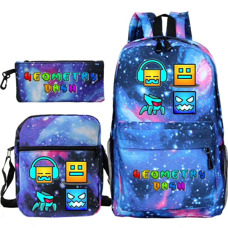 Angry Geometry Dash Print Backpack 3pcs Set Funny Cartoon School Bag For Boys Girls Nylon Backpack Travel Sport Portable Bookbag