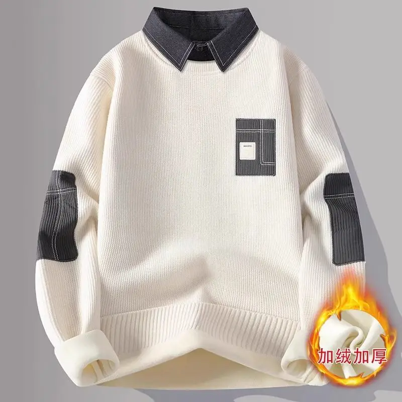 

Autumn Winter 2026 Teen Boys Shirt Collar Sweater Fake Two Pieces Fashion Velvet Fashion Large Size Coat Sweatshirt Men Clothing