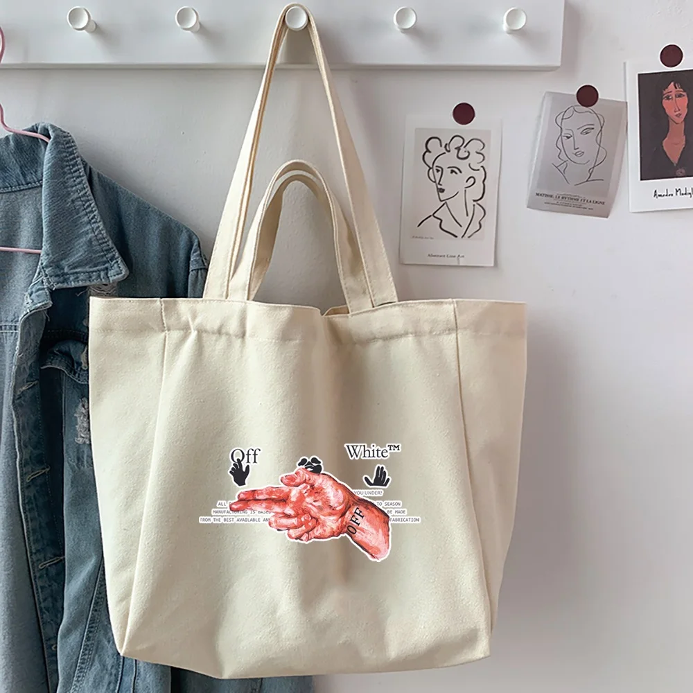 Women Canvas Shoulder Bag Hand Print Eco-Friendly Casual Handbag Tote Bag Reusable Large Capacity Shopping Beach Bag