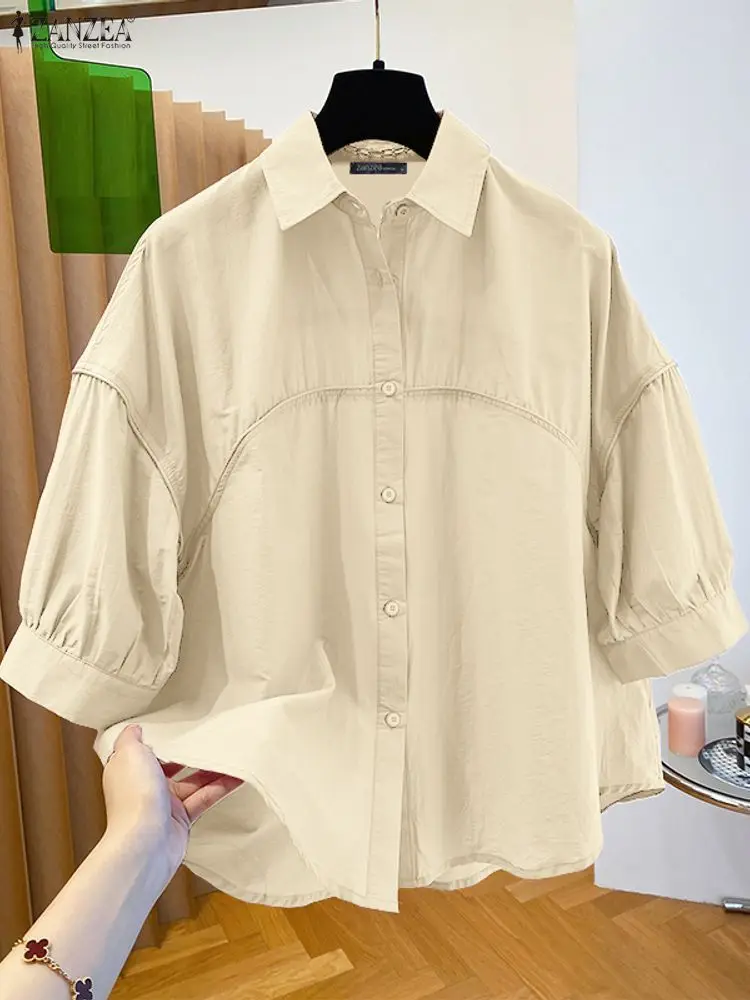Mulheres elegantes 3/4 lanterna manga blusa zanzea verão camisas elegantes casuais botões sólidos blusas soltas mujer escritório topos femme