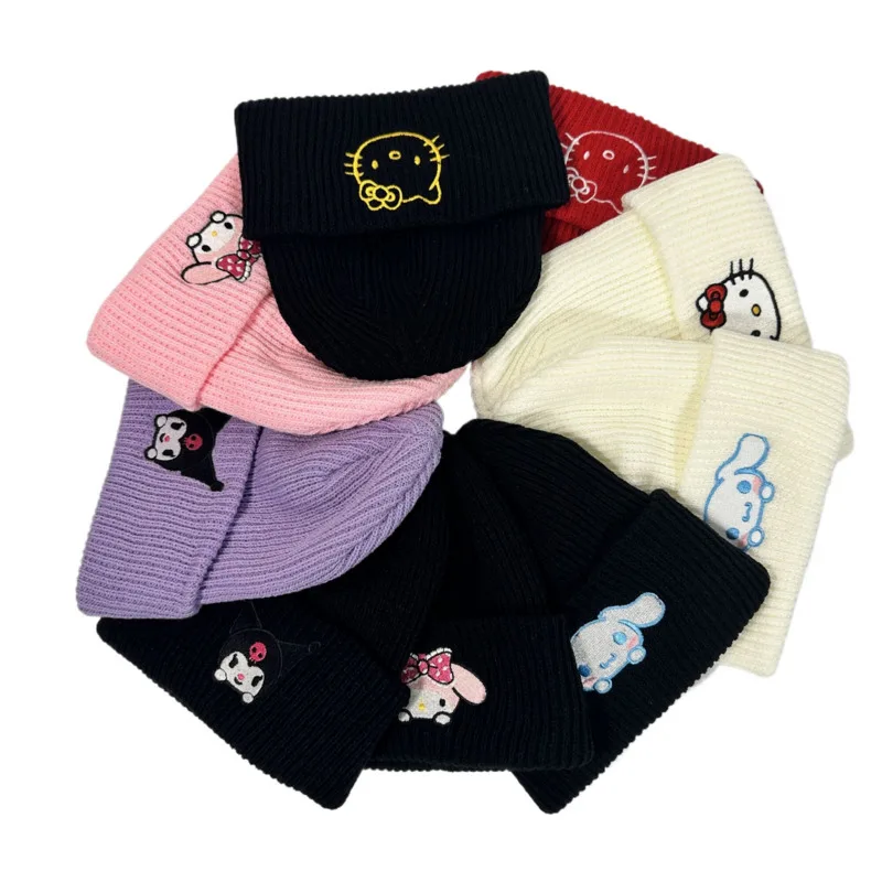 Cute Hello Kitty Kuromi Knitted Hat Kawaii Sanrio Figure Embroidered Benie Cap Cartoon Melody Cinnamoroll Fashion Hat Gifts