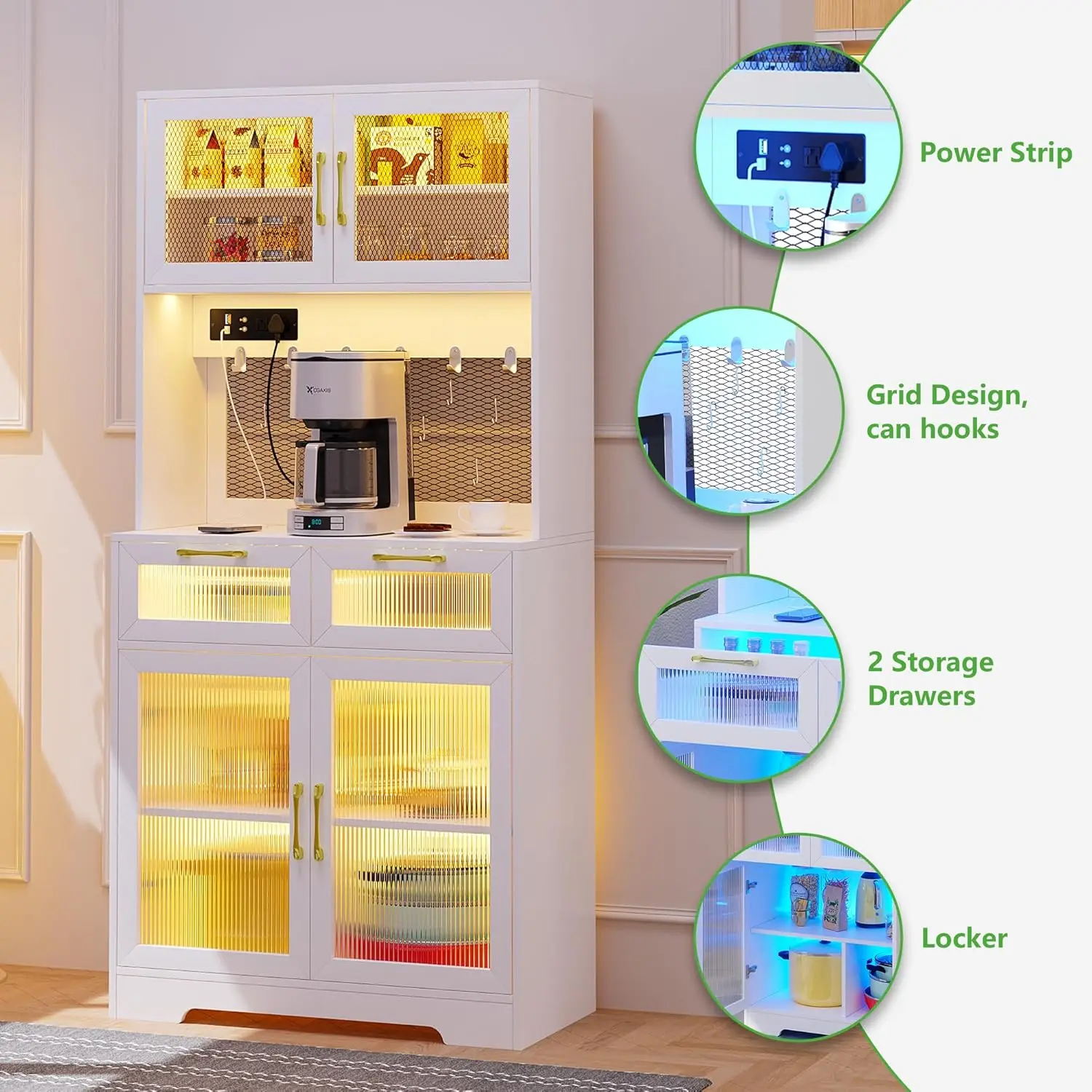 67" Kitchen Storage Cabinet with Power Outlet & USB Ports, LED Kitchen Pantry Cabinet with Motion Sensor Lights