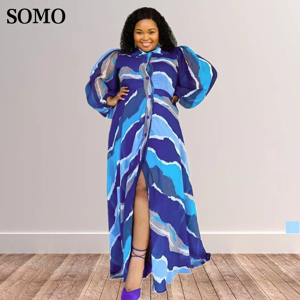 

SOMO Elegant Lapel Single Breasting Maxi Dresses for Women Stripe Printed Long Sleeve Plus Size Dress Wholesale Dropshipping