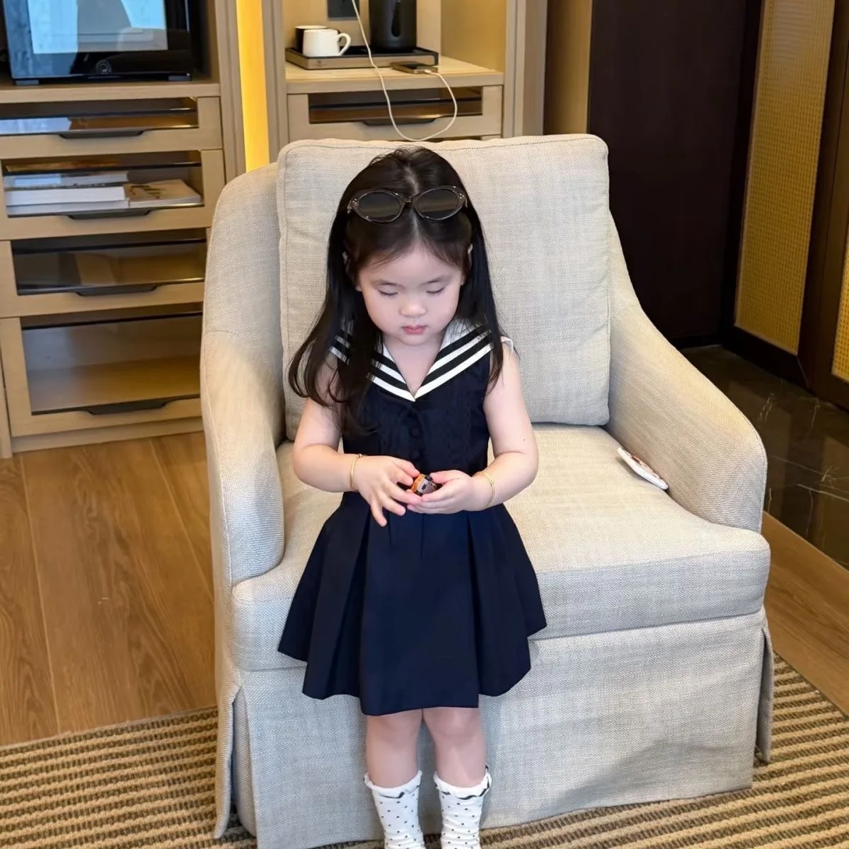 

2026 New Summer Girls Dress, Preppy Style Sleeveless Tank Dress with Navy Collar, Dark Blue Kids Sundress for 90-140cm