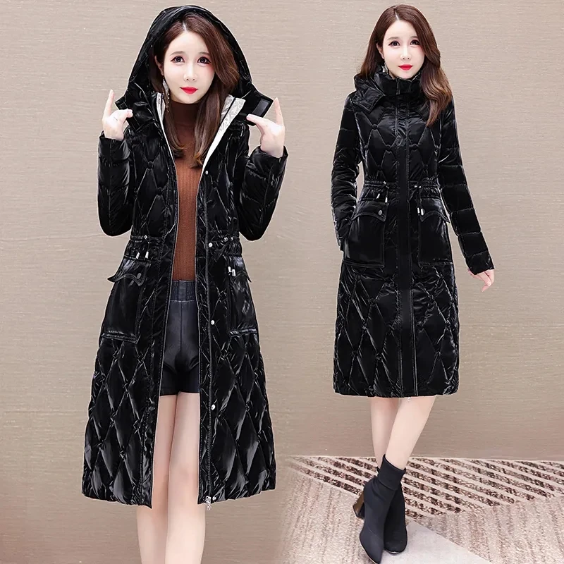 2024 Winter New Glossy Down Cotton Jacket Women\'s New Slim Thicken Hooded Coat Fashion Female Long Warm Padded Parkas Overcoat