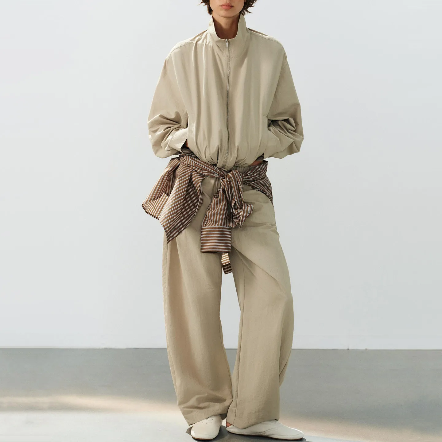 Women's Fashion Autumn 2026 Long Sleeve Stand Collar Jacket with Belt Wide Leg Pants Two Piece Set Short Outerwear