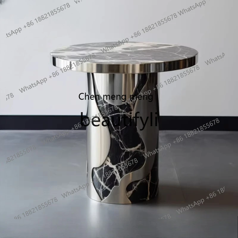 Italian light luxury sofa next to the marble small coffee table modern simple small apartment movable stainless steel edge table