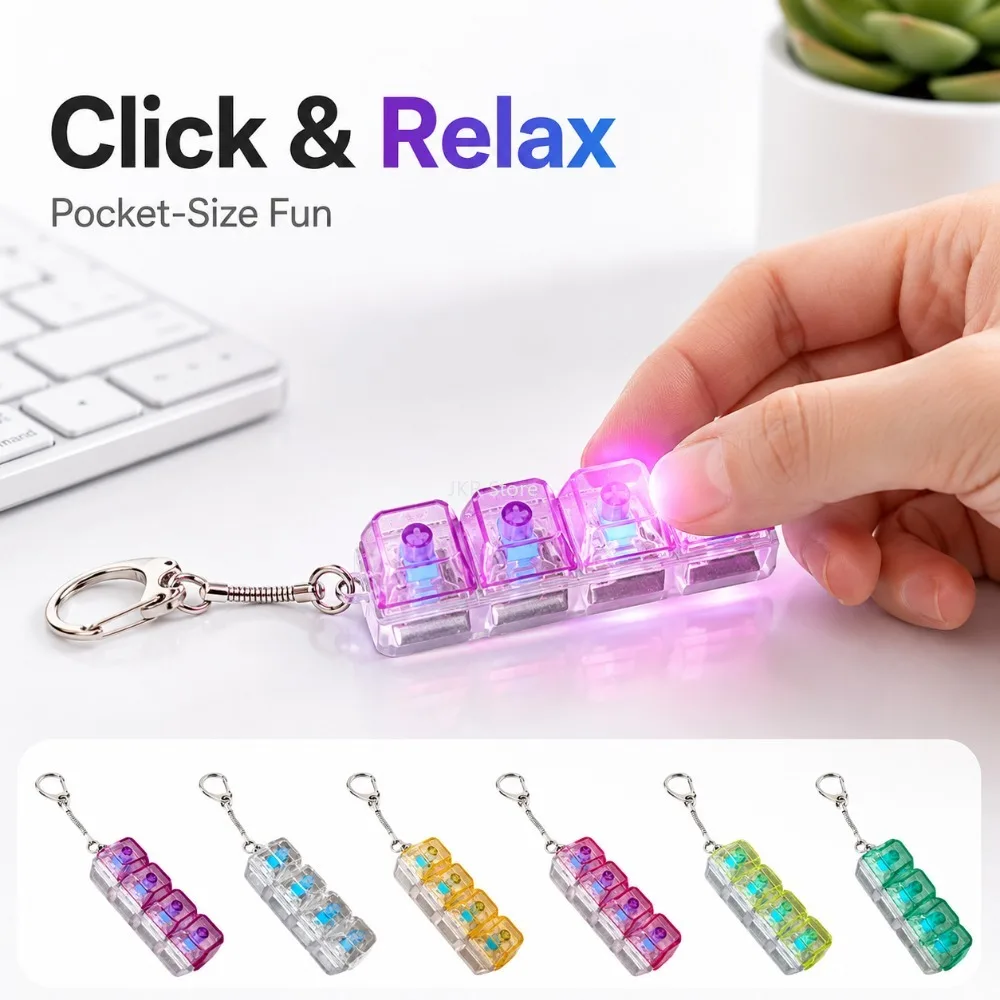 4 Keys Keyboard Switch Tester Keychain Mechanical Axis LED Clicker Fidget Toy for Stress Relief Desk Decor Gift
