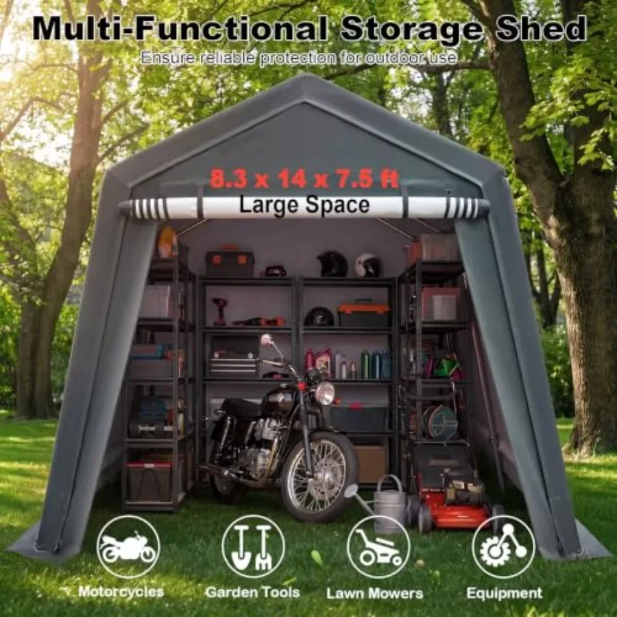 Portable Storage Shed, 8.3 x 14 FT Outdoor Motorcycle Tent Shelter: weather-resistant polyethylene fabric, gray, quick-setup fr