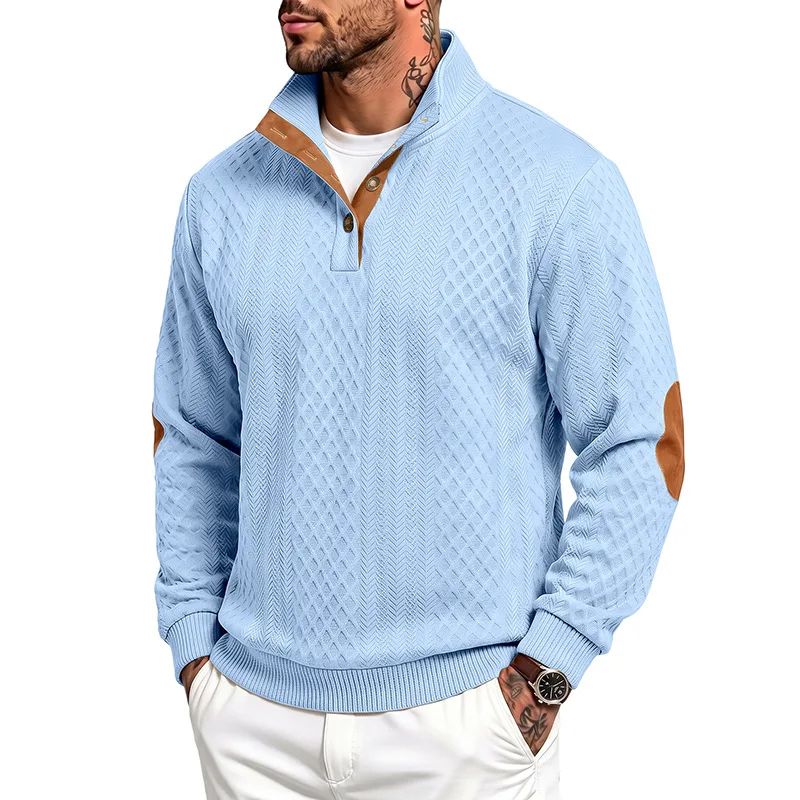 2026 autumn new men's heavy texture jacquard sweater half-open button stand-up collar casual design patch top