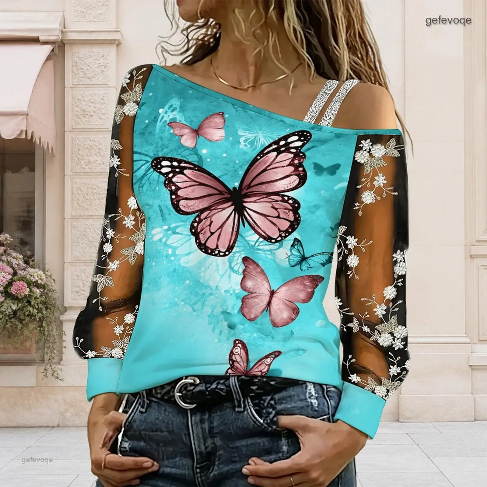 Women Off Shoulder Blouse Asymmetric One Shoulder Top Lace Floral Mesh Long Sleeve Sling Detail Loose Casual T Shirt