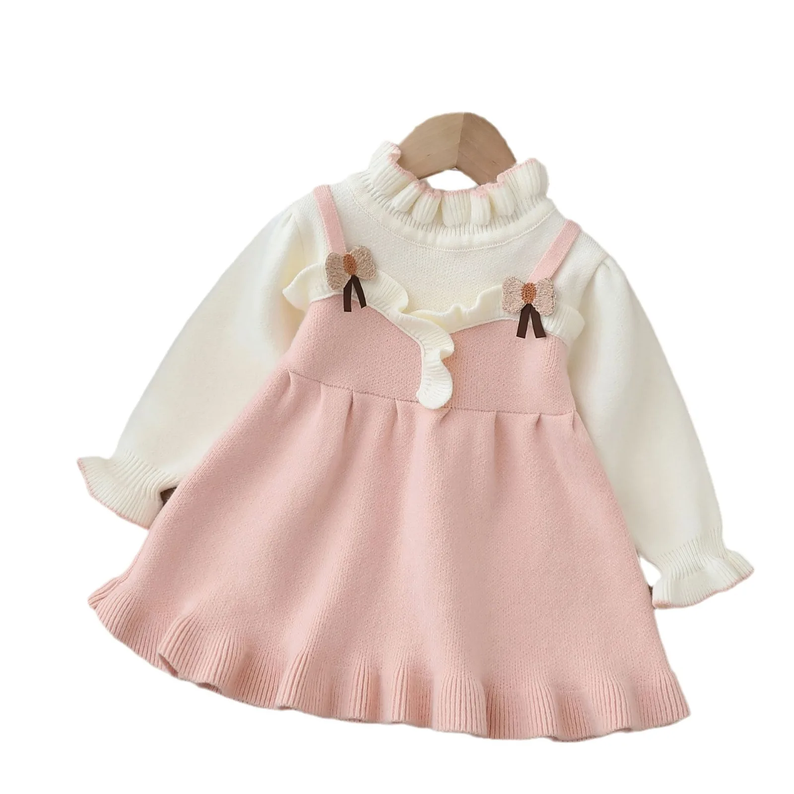 Autumn Winter Children Girls Dress Cotton 3D Bow Spliced Baby Girl Princess Dress Sweeat Knitted Fleece Warm Toddler Girls Dress