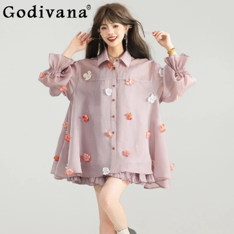 

Early Autumn Unique Beautiful Lavender Tulle Long Sleeve Shirt Sweet Girl Loose Playful Three-dimensional Flower Sunscreen Tops