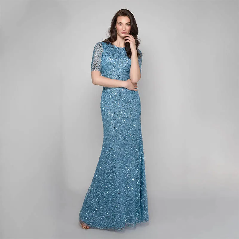 Sparkling Long Beaded Mother of the Bride Dresses Elegant Tulle Scoop Neck Floor Length Formal Wedding Evening Prom Gowns