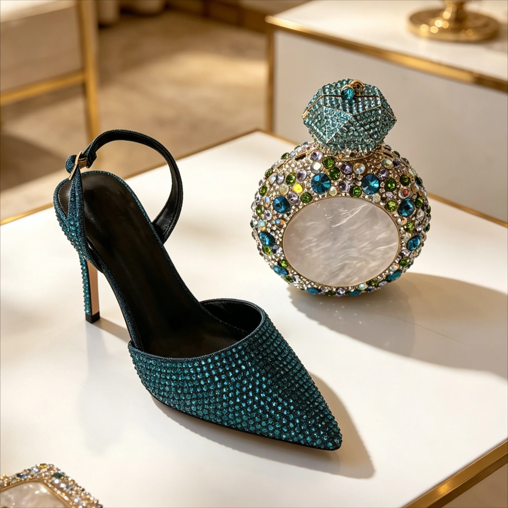 Diamond High Heel Sandals Matching Dinner Bag Full Set Luxury Runway High Heels Fashion Shoes Party Evening Banquet Shoes Bag