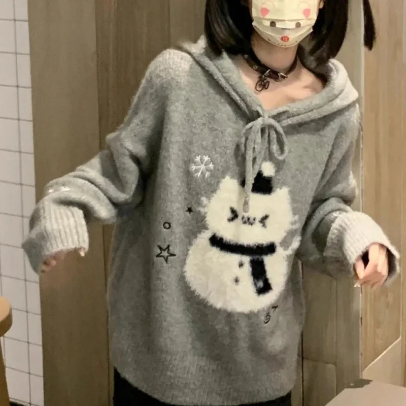 

Autumn Winter Women Sweet Christmas Cartoon Hooded Sweaters Tops Kawaii Lolita Style Knitted Pullovers Loose Cute Knitwear Coat