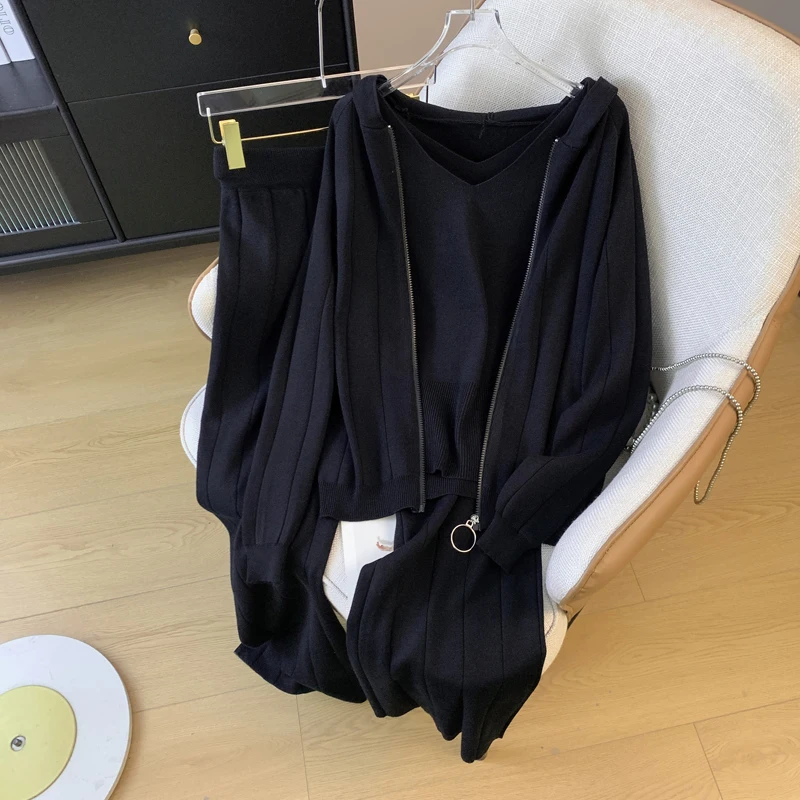 Winter Women's Three-Piece Set Korean Lazy Style Open Cardigan Wide Leg Pants Slimming Sweater Fashionable And Comfortable