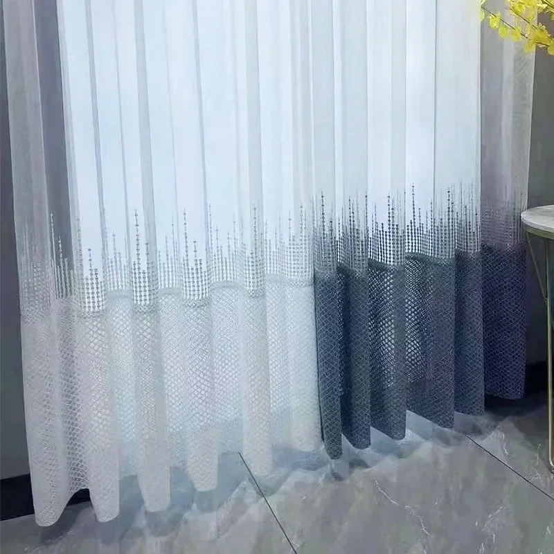 

Custom Size Light Luxury Embroidered Gray and White Simple Nordic Breathable Bedroom Living Room Balcony Gauze Curtain Ly