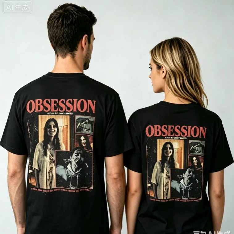 2026 new Neutral black crew-neck  with movie retro patterns with prints on both front and back. Loose-fitting cotton T-shirt.