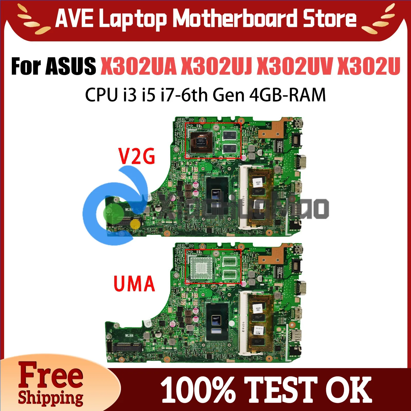 

X302UJ Laptop Motherboard For ASUS X302UA X302UV X302U Mainboard with CPU i3 i5 i7-6th Gen 4GB-RAM GT920M-V2G GPU