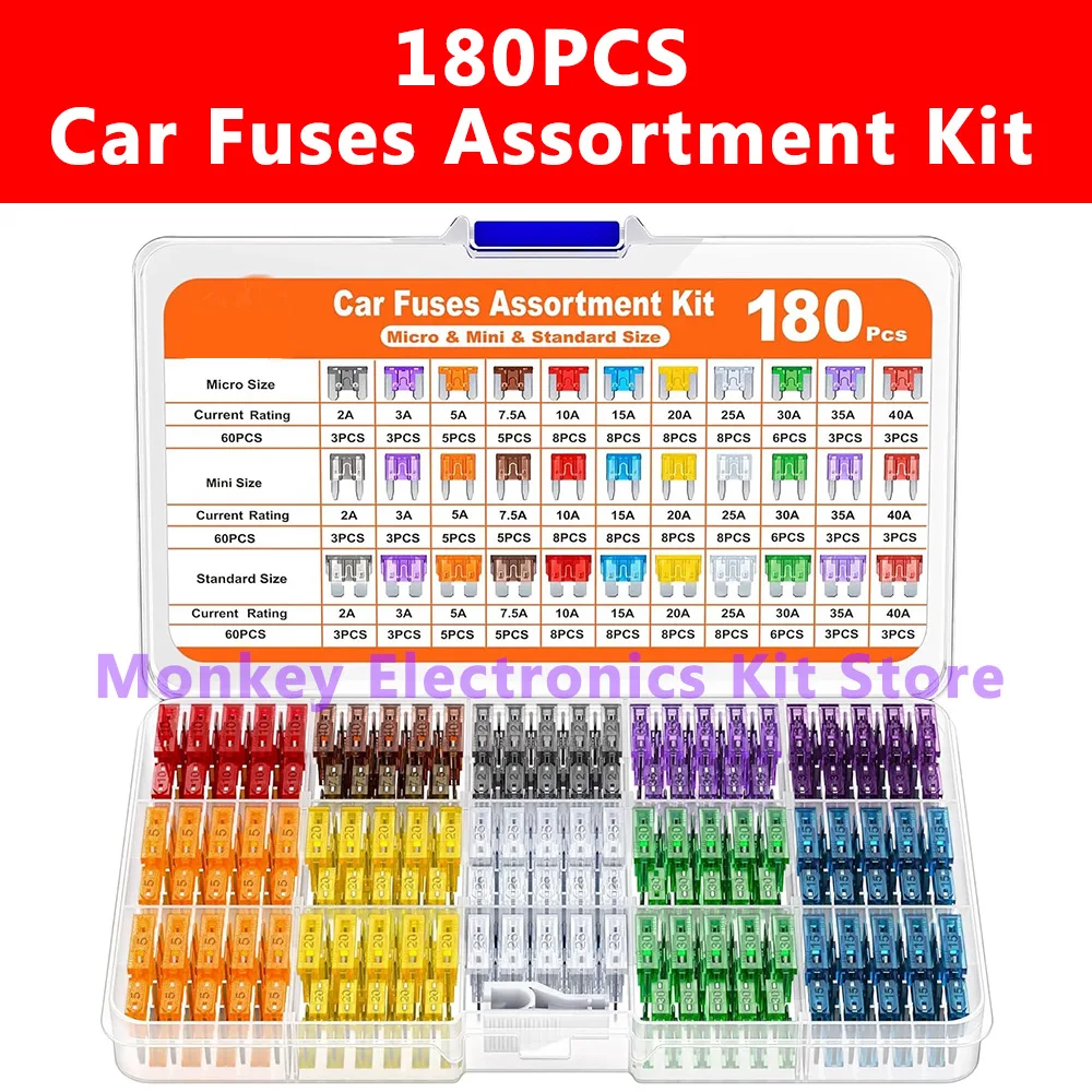 1 Set 180Pcs Car Fuses Assorted Kit, 60 Mini Blade Car Fuse +60 Standard Fuse Automotive +60 Micro Fuse + Fuse Puller
