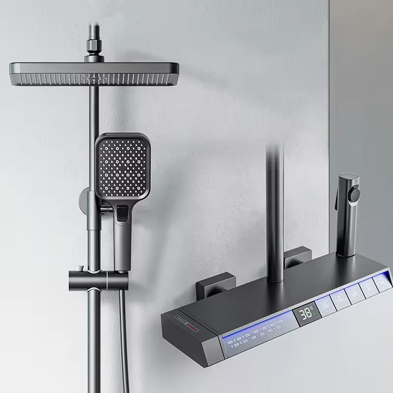 Gun Gray Intelligent Led Display Shower set Smart Shower System Rainfall Thermostatic Piano Key Bathroom Shower Set