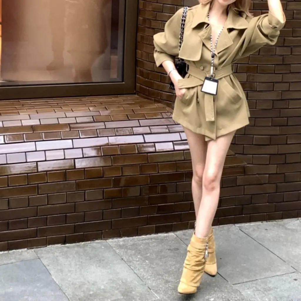 

Women's Temperament Lapel Windbreaker Jacket Long-Sleeved Mid-Length Casual Cardigan Autumn Style with Waist Strap