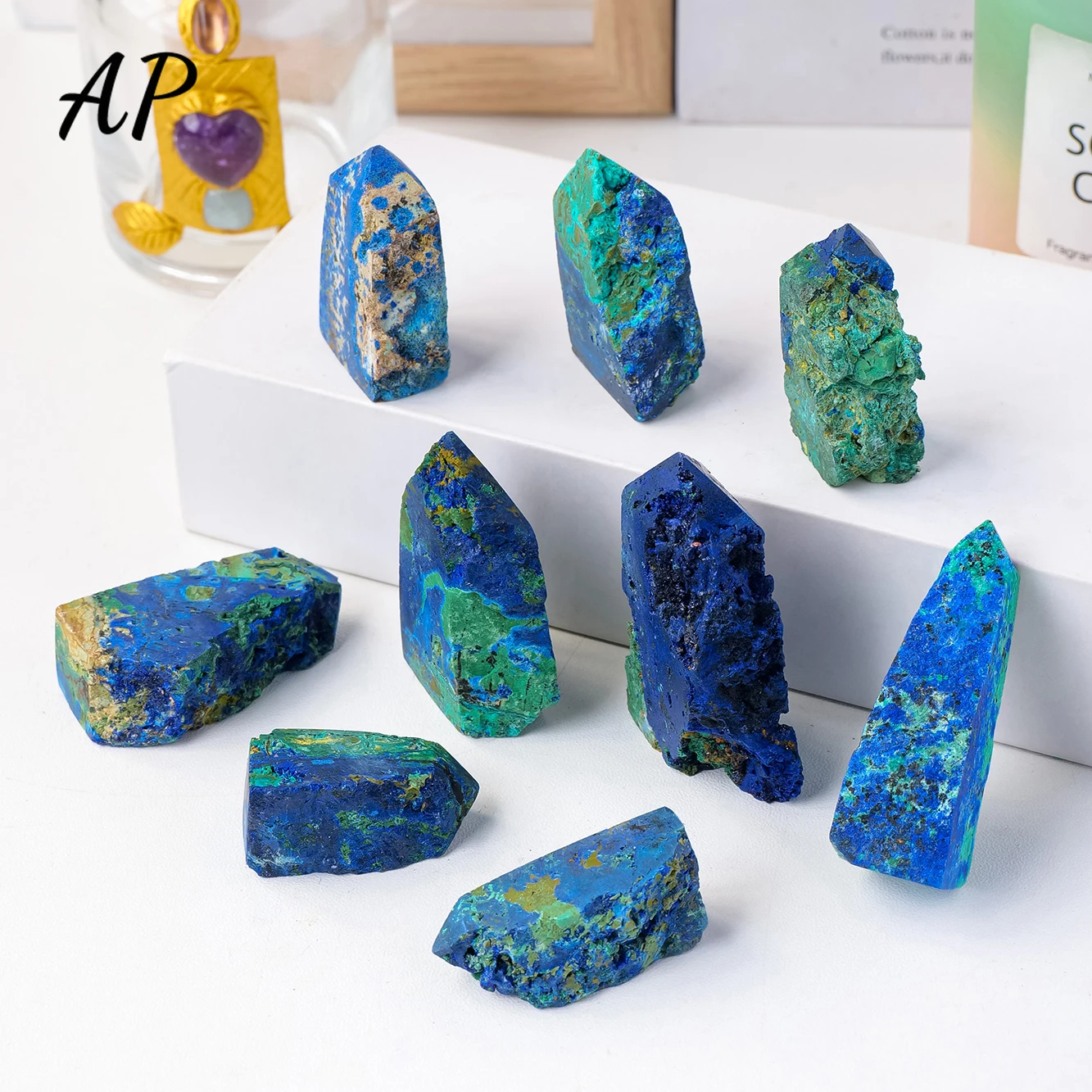 1pc Natural Crystal Azurite Tetrahedral Column Azurite Malachite Coexisting Crystal Column Ornaments