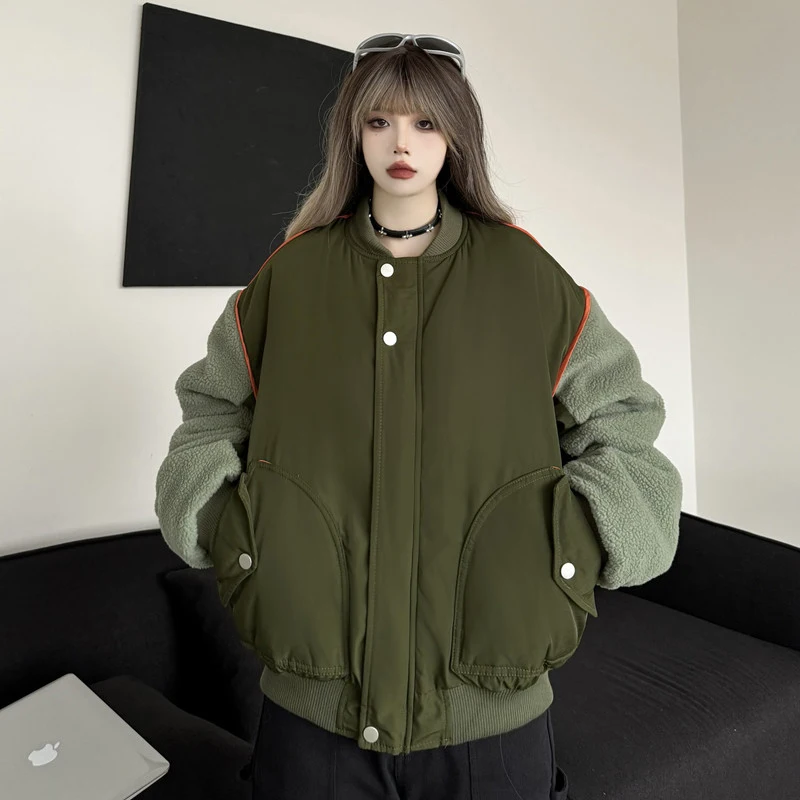 

MEXZT Vintage Parkas Women Lamb Wool Patchwork Down Coats Streetwear Bomber Puffer Jacket Winter Oversized Cotton Padded Outwear