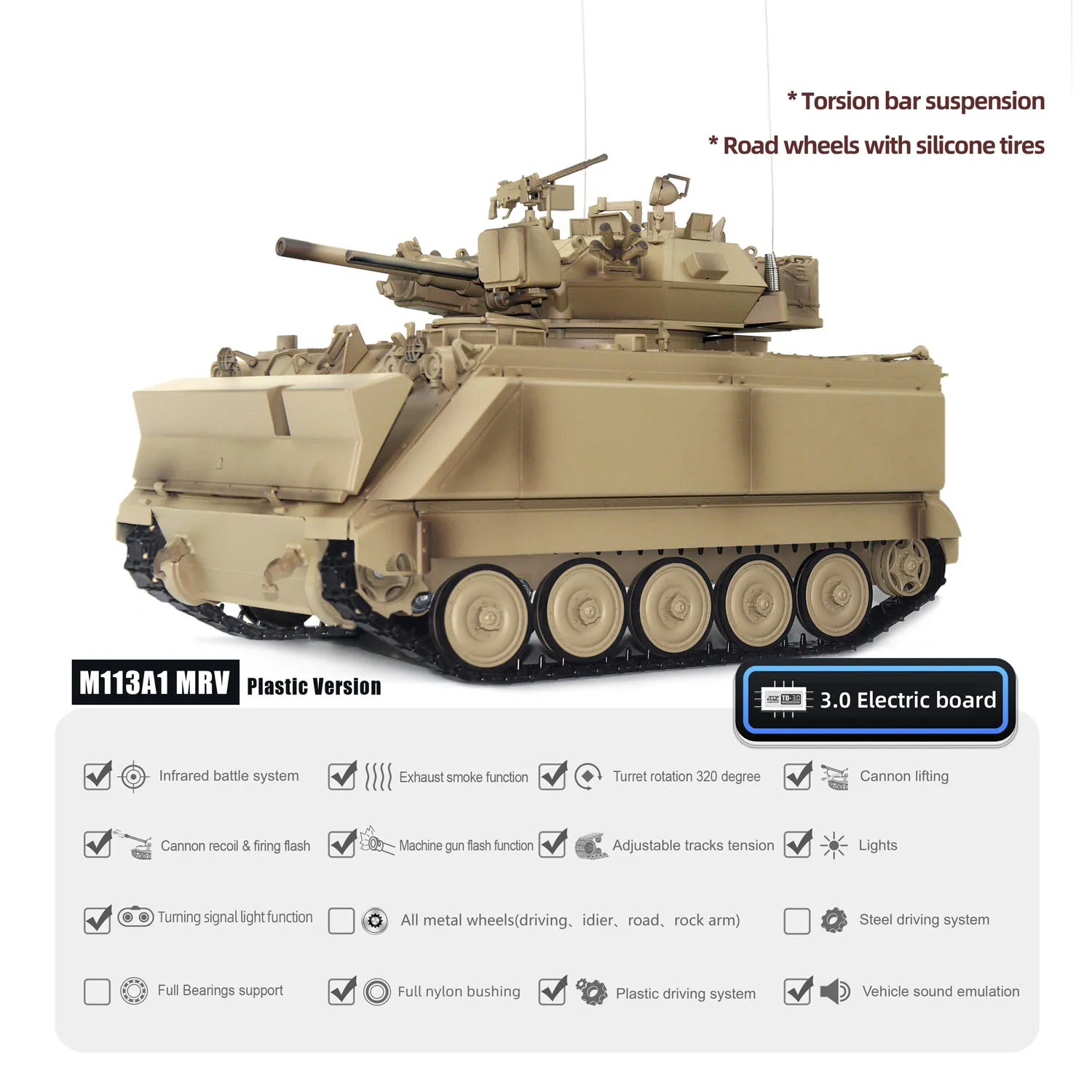 TD 1/16 RC Military Tank M2412-A M113A1 MRV 320 Turret Rotary Barrel Recoil Infrared Driving Wheel Remote Control Panzer Car Toy