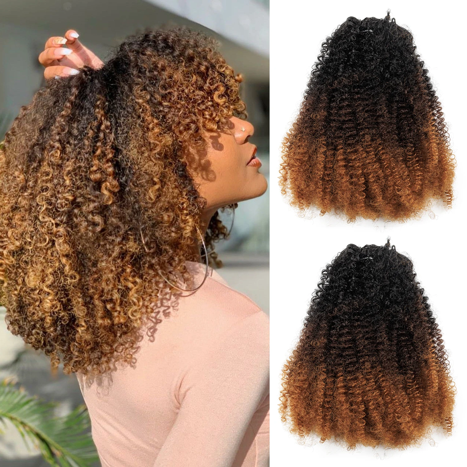 Image of Großhandel 20 Zoll Afro Kinky Curly Mischhaar-Extensions 7 Stück/Set Ombre T1B/4/30 # Natürlich aussehende synthetische Mischhaarperücken für Frauen