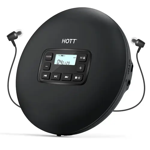 Imagen 1 del producto HOTT CD204 Reproductor de CD portátil para viajes en casa y automóvil con auriculares estéreo y protección antigolpes-Negro
