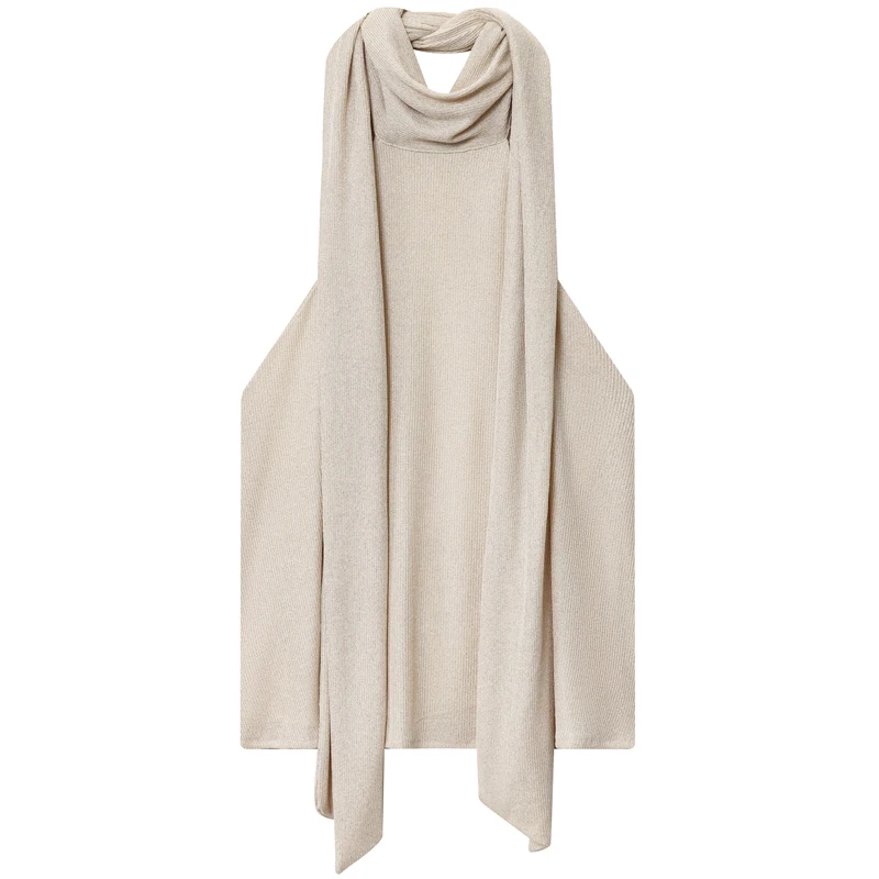 HXAO クロップド ホルターネック トップス レディース 秋 2025 セクシー タンク＆キャミソール レースアップ ノースリーブ バックレス メタリック糸 タンクトップ リゾート ベスト