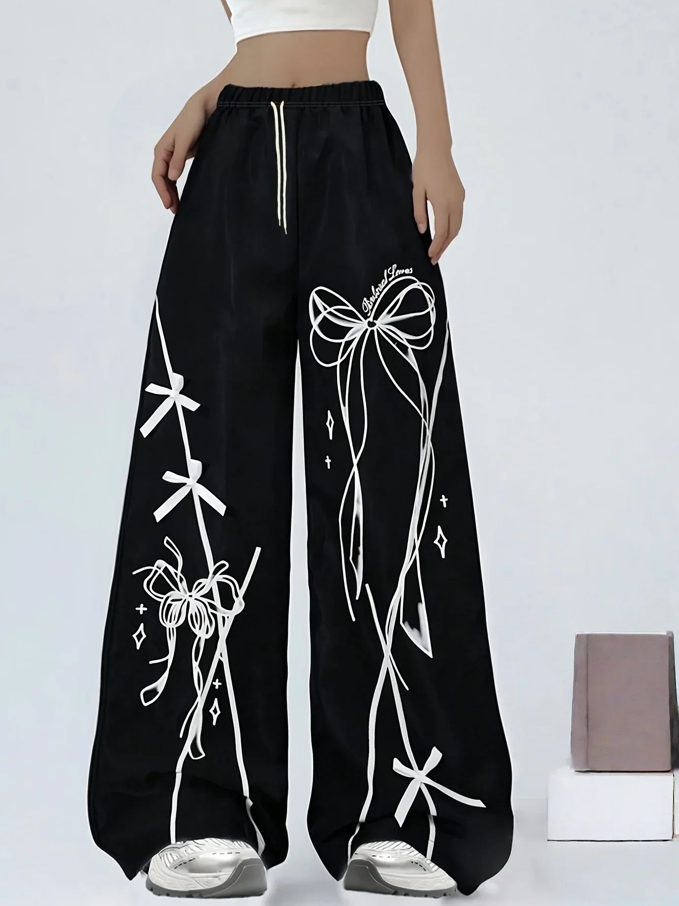 Summer Hot Selling Y2K Bow Ribbon Print Wide Leg Straight Pants Unisex Elastic Drawstring Sweet Gothic Streetwear Long Trousers