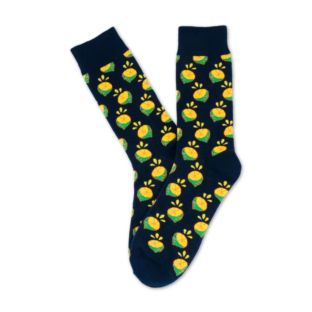 زوج واحد من جوارب منتصف الساق بنمط الليمون الطازج والمقش، عصرية ومميزة، مناسبة للجنسين على مدار العام