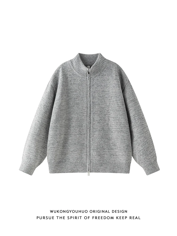 

Retro old money wind solid color double zipper stand-up neck sweater men's autumn loose couple knitted sweater jacket