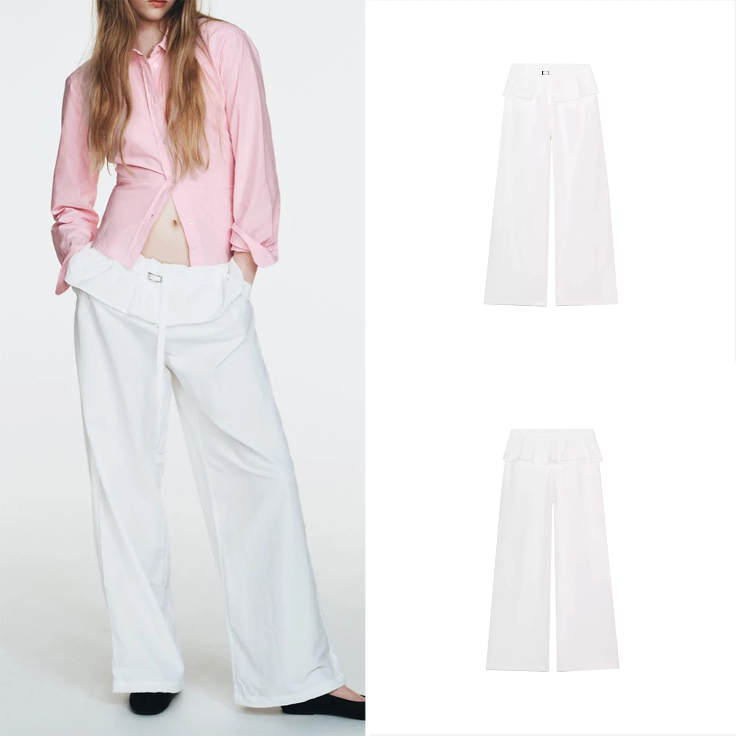 

2025 Winter New Women's Faion Simple Nylon Pants Overlap Waist Straight Leg Casual Trousers for Ladies Ele Sle