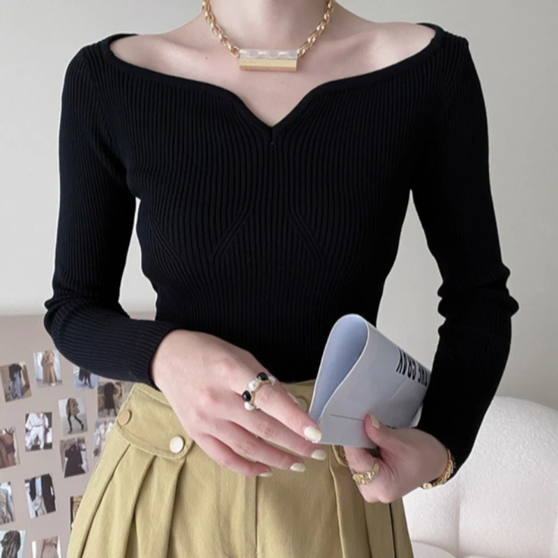 

Пуловеры, женские свитера, сексуальные джемперы с v-образным вырезом и длинными рукавами Y2k, уличная одежда, облегающие однотонные, элегантные, вязаные, осень-зима 2025