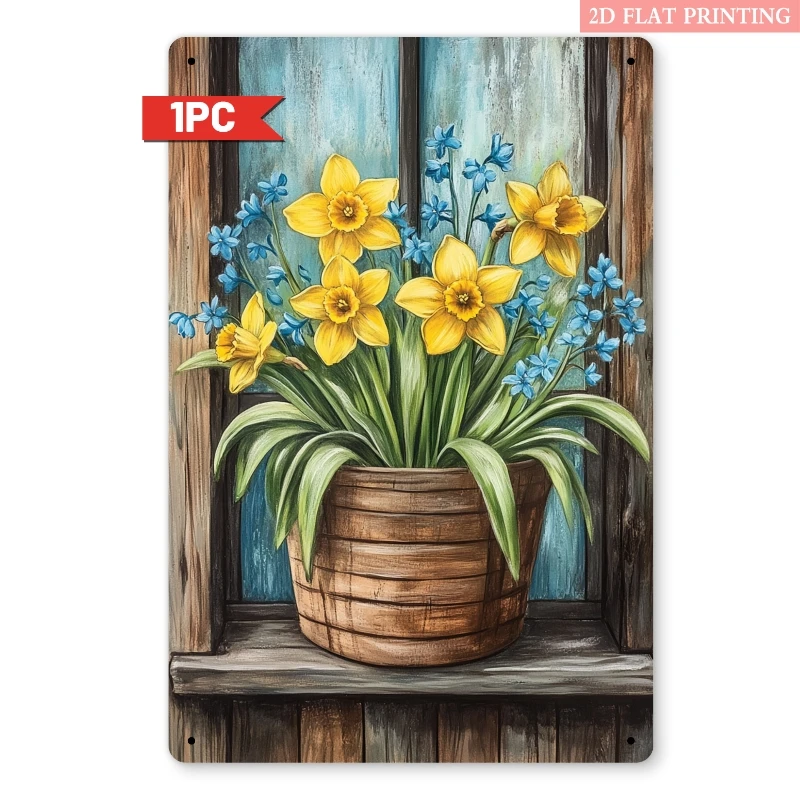 Vintage Daffodils Blue Floral Metal Sign, 8x12 Inch Retro Decorative Plaque for Home, Farmhouse or Garden Wall Art