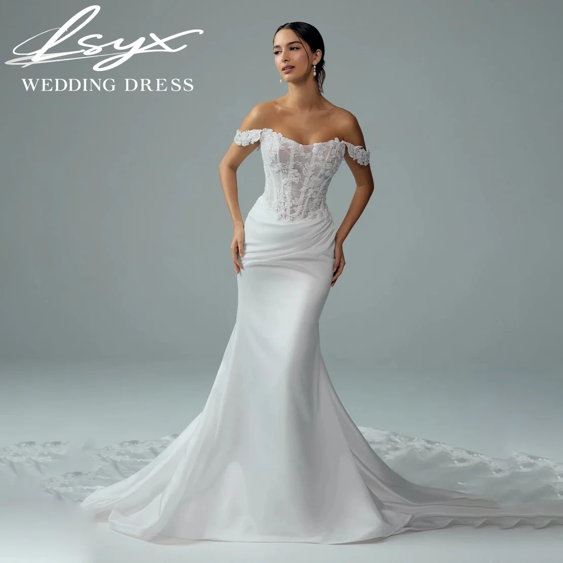 LSYX Maßgeschneidertes 2026 Glamouröses Meerjungfrauen-Hochzeitskleid mit floraler Stickerei, Spitze, schulterfrei, Korsett, rückenfrei Brautkleid