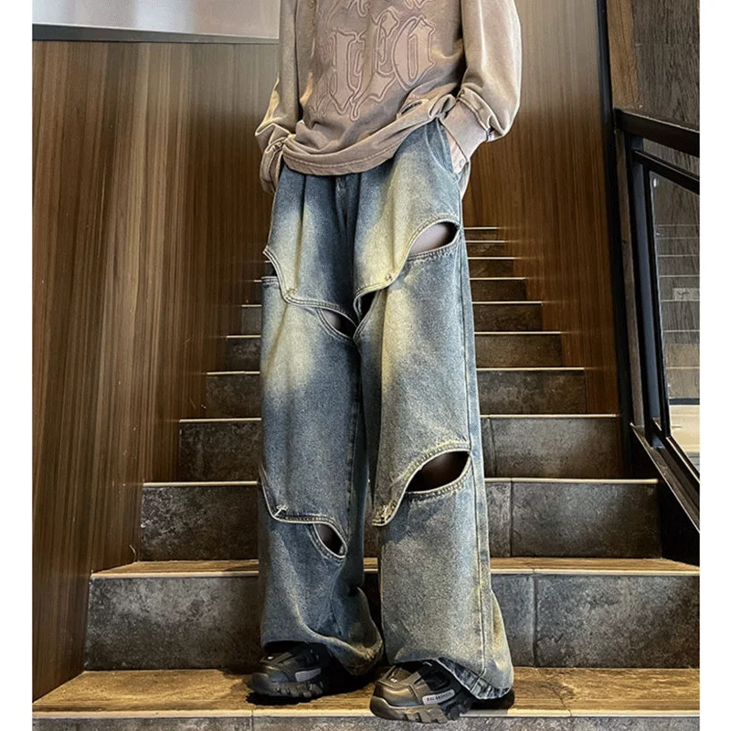 

Мужские джинсы American Sle: весенне-осенние, с оригинальным дизайном, винтажные, прямые, длинные брюки с эффектом потертости