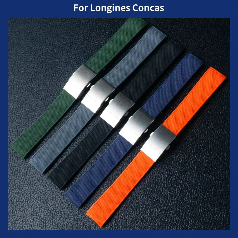 Non-Stick Fluorine Rubber Watch Strap for Longines Conquest Diving V.H.P. Series Water Sweat-Proof FKM Watch Band 21mm