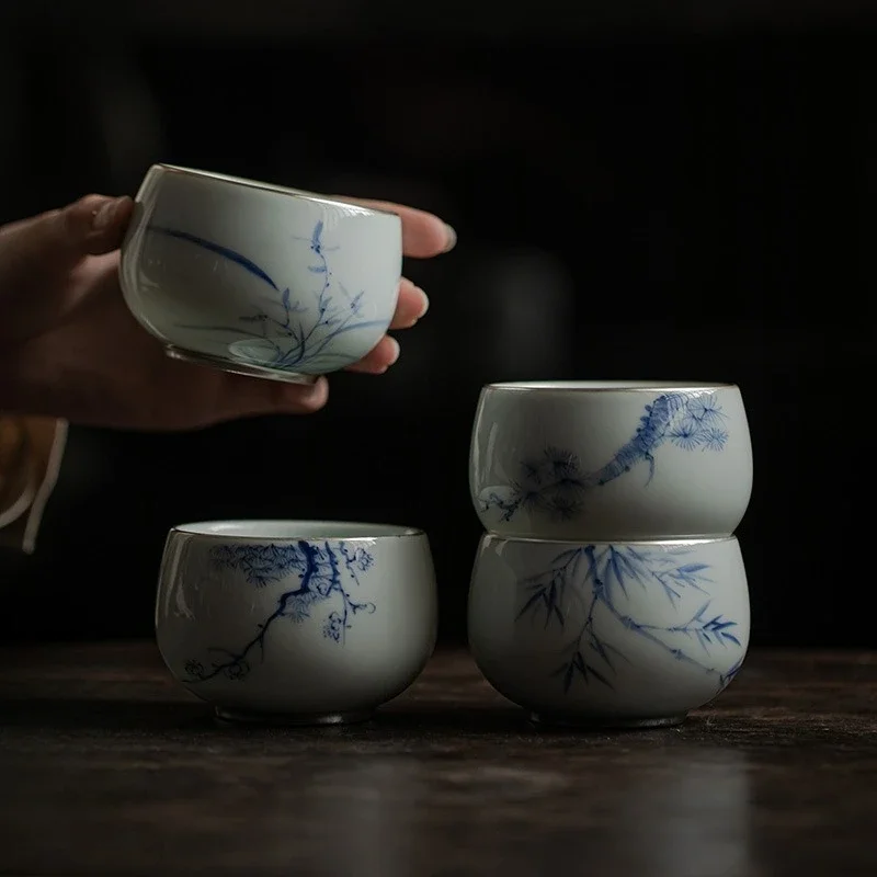 110ML Ancient Blue Underglaze Color Drawing Silver Master Cup KungFu TeaSet Drinking TeaCup Blue and White Hand-painted Teacup