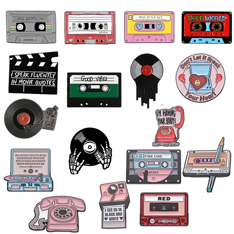 90's Tape Telephone Camera Enamel Pin Retro Vintage Music Cassette Lapel Pin Badge Old-school Nostalgic Record Brooches Jewelry