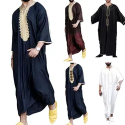 2024 Arabic Ethnic Style Men's V-neck Printed Muslim Robe European and American New Style Short-sleeved Jumpsuit