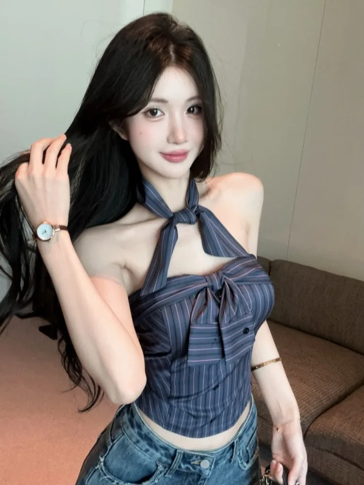

Retro British Style Striped Off-Shoulder Vest Women's Slim Fit Knot Top Versatile Summer Knitted Casual Wear