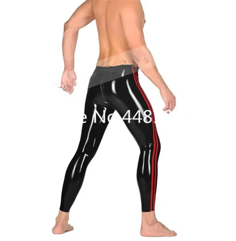 Leggings justas de látex natural para homens calças de borracha de látex sexy pretas com vermelho