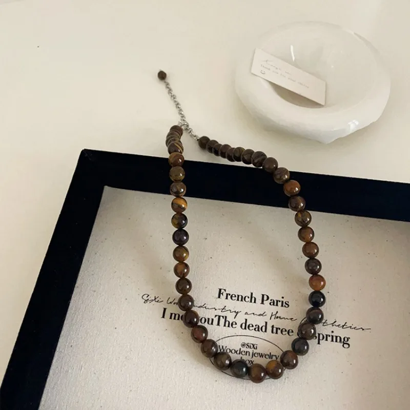 Minar Vintage 4 6 8 10mm Natural Stone Tigereye Strand Beaded Necklace for Women Femme Silver Plated Chain Chokers Sweater Chain